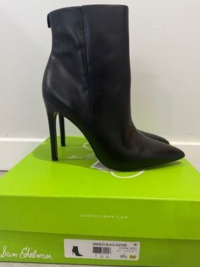 Sam Edelman Wrenley Black Leather Pointed Stiletto Ankle Boot